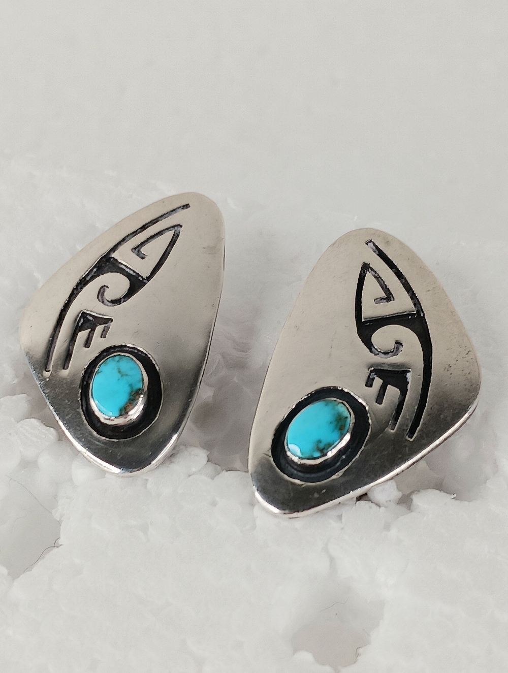 Earrings Clip On Vintage Navajo Sterling Turquoise Elongated Shadowbox Symbols - Picture 6 of 12